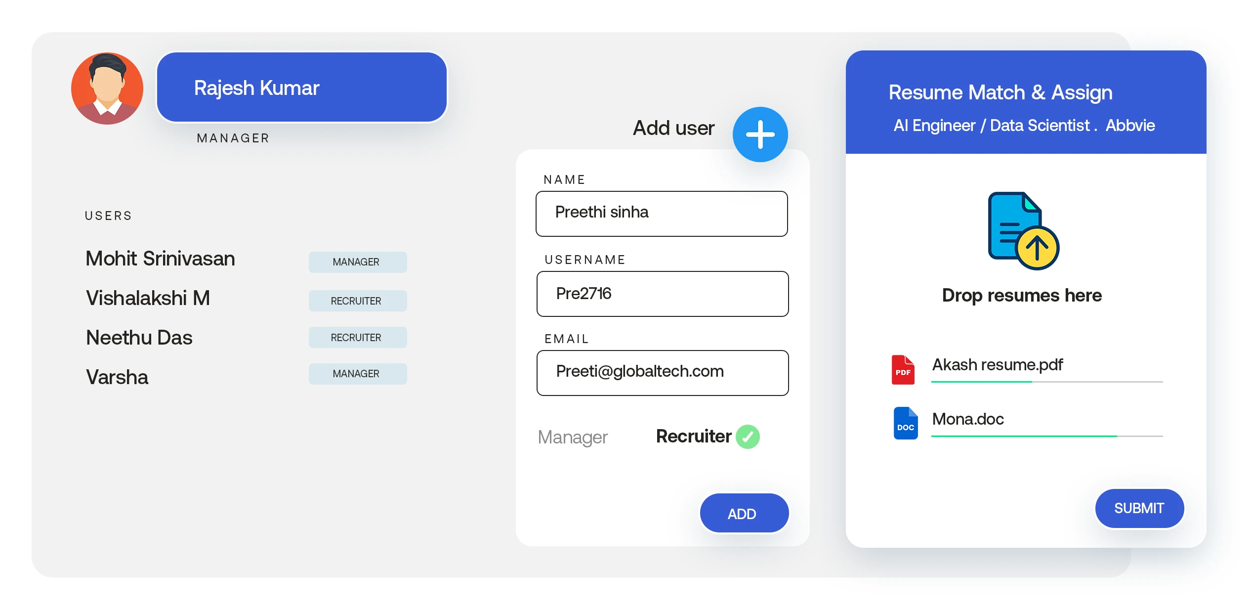 Recruiter assignment and candidate management dashboard